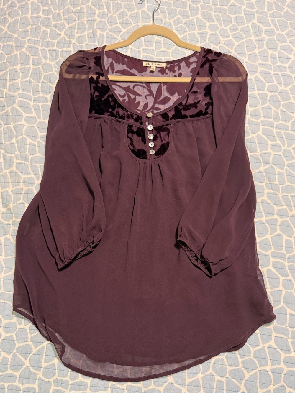 Black Rainn Plum Velvet Yoke Peasant Blouse